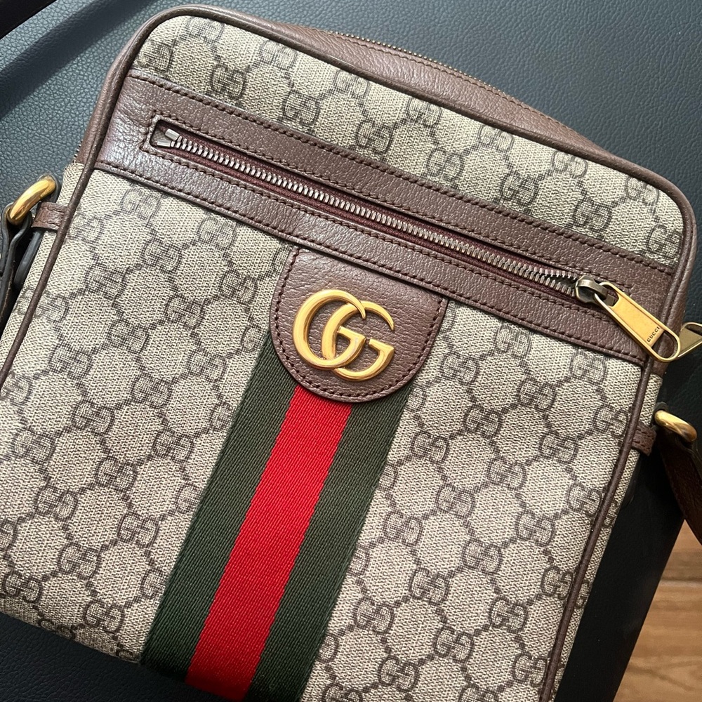 Gucci Beige and Brown Messenger Bag with Red and Green Stripe
